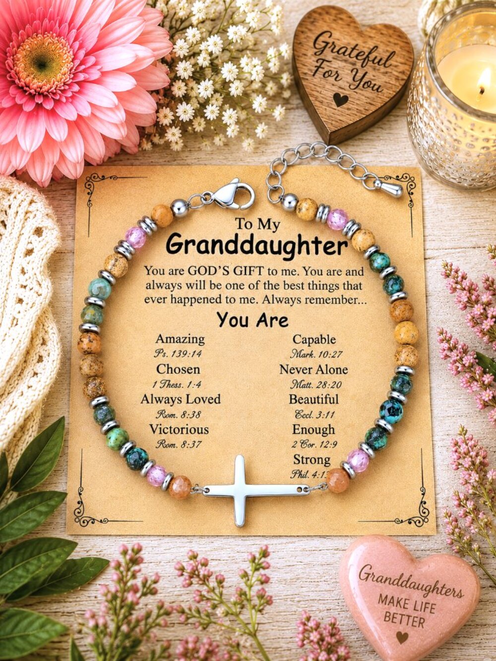 Granddaughter Beaded Cross Bracelet, Inspirational Christian Bible Verse Gift